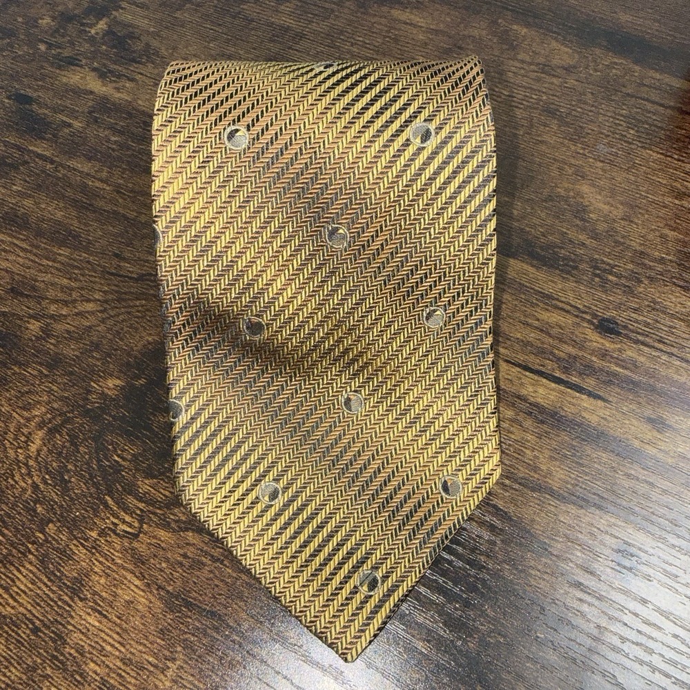 Mens Italian Silk Neck Tie Gold Brown Black Herringbone Geometric